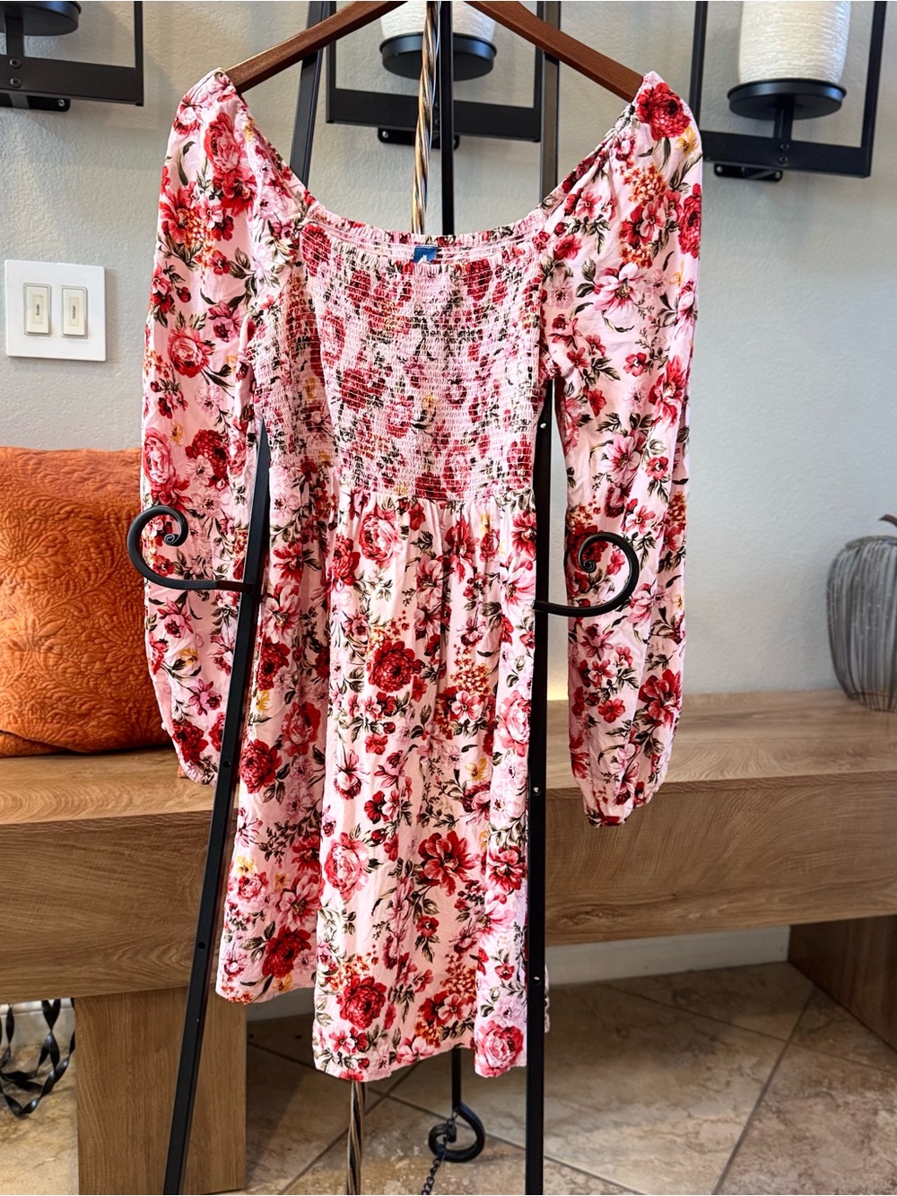 Old Navy Pink Floral Smocked Long-Sleeve Dress